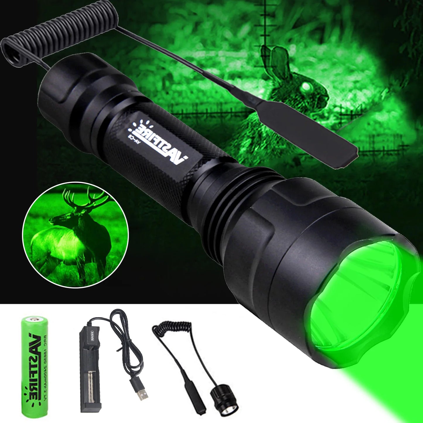 C8 Professional Tactical Flashlight Green/Red/White LED Hunting Torch 1-Mode Torch+18650+Charger+Remote Switch+Rifle Scope Mount