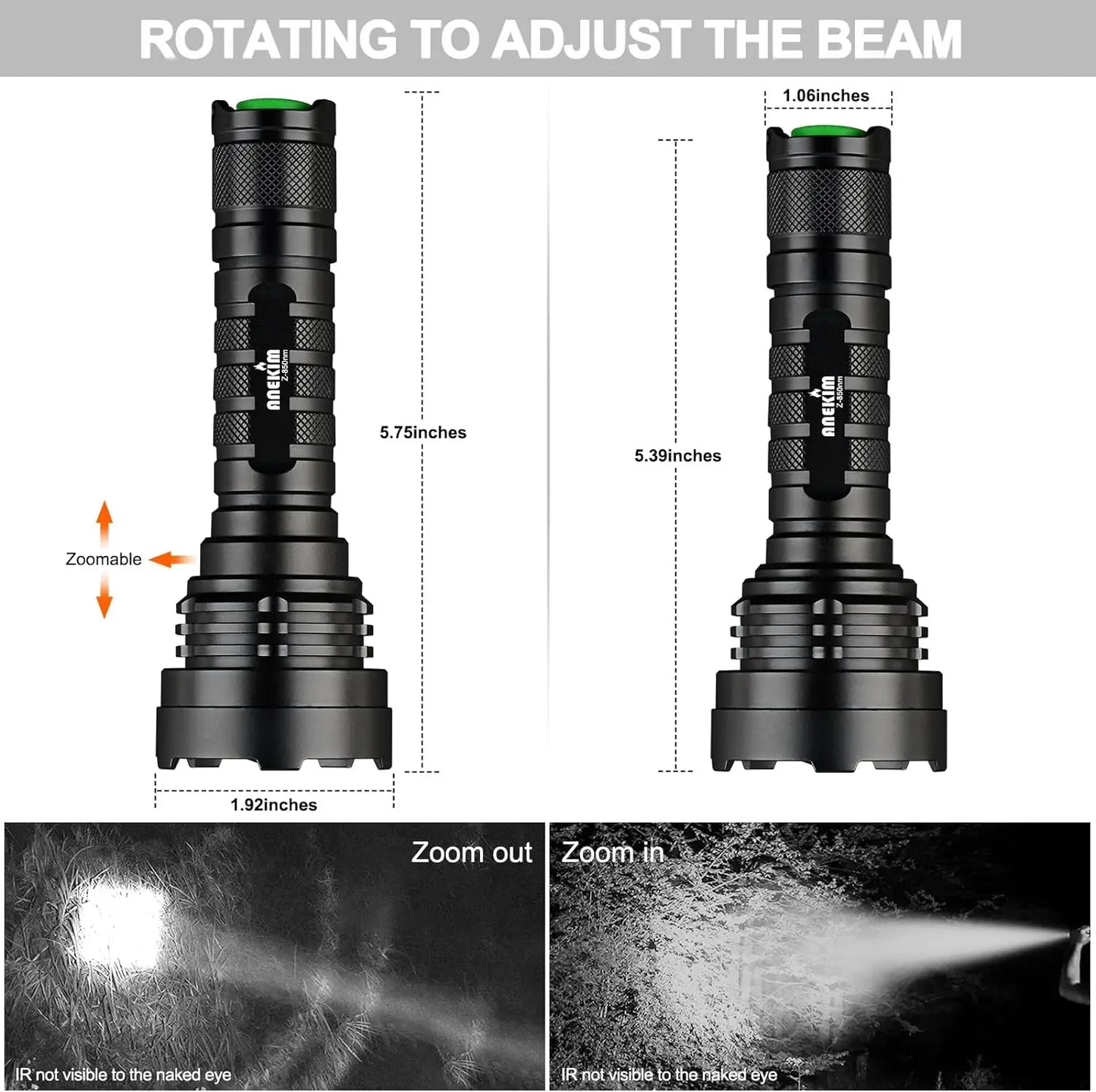 ANEKIM Z-IR 850/940 Zoom Infrared Torch, Silent 3 Mode Adjustable Power Tactical Flashlight, 18650 Battery Infrared Lamp