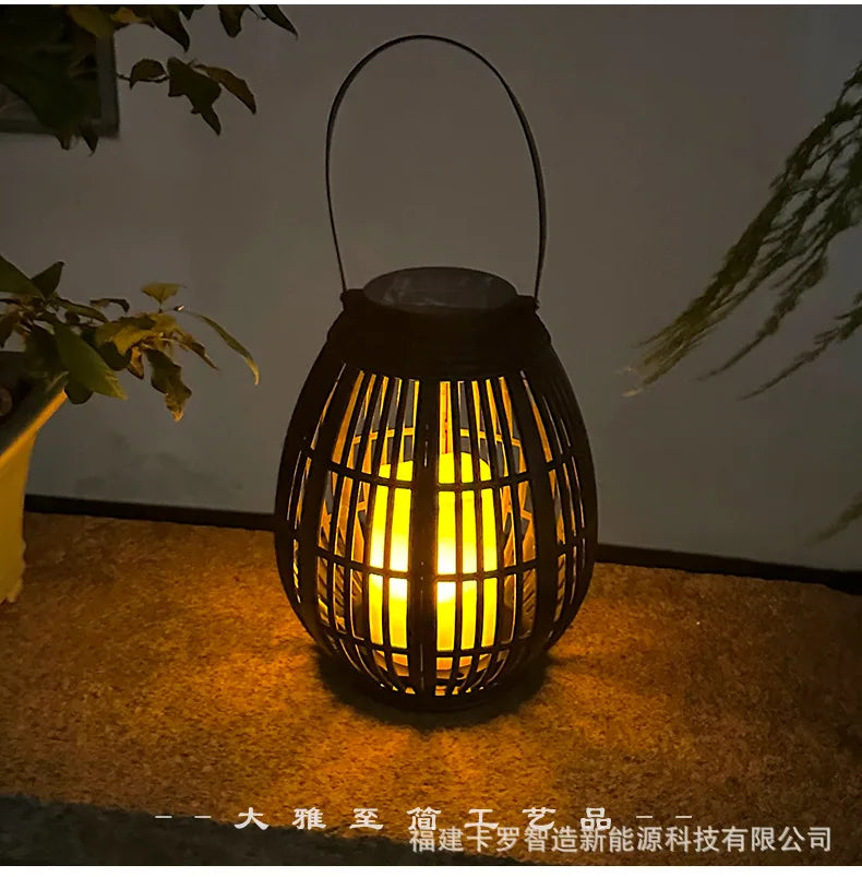 Outdoor Solar Imitation Rattan Lantern Courtyard Balcony Garden Decoration Candle Lights Creative Atmosphere Bamboo Chandelier