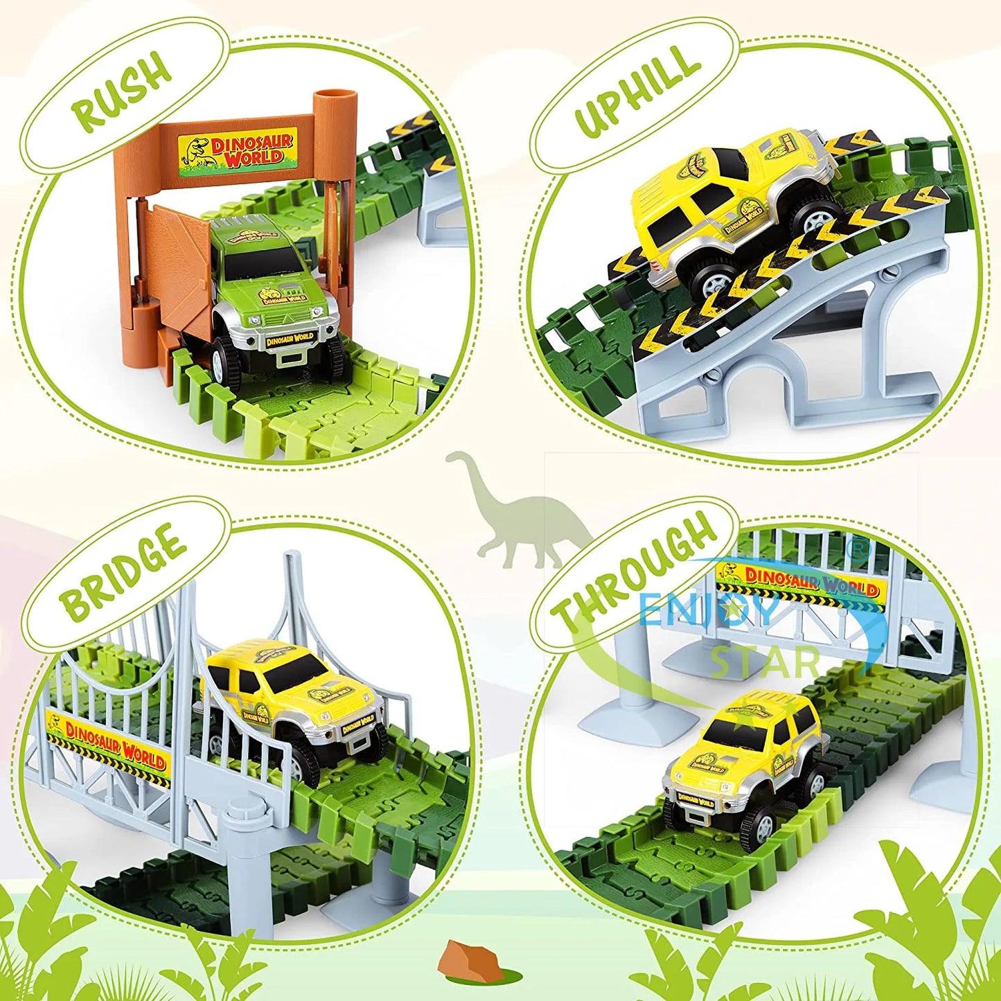 156pcs Dinosaur Railway Car Track Toy Set DIY Assemble Road Race Set with Flexible Track Dinosaur Toys Bridge Ramps Toys for Kid