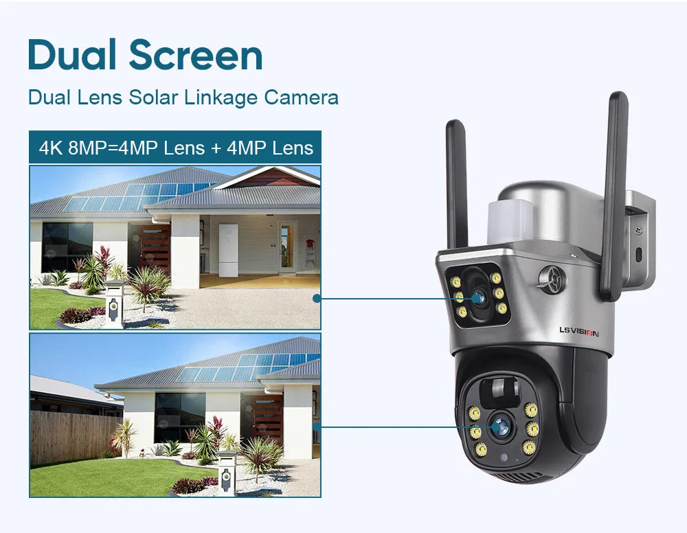 LS VISION 4K 8MP Dual Screen Solar Camera Outdoor Wireless 4G/WiFi PTZ Dual Lens Security Protection Auto Tracking CCTV Cameras