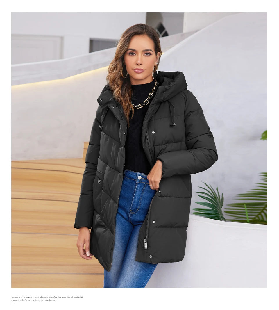 HaiLuoZi 2023 New Women Winter Jackets Warm Hooded Thick Bio-Cotton Female Parkas Solid Color Big Pockets Women‘s Coats 1139