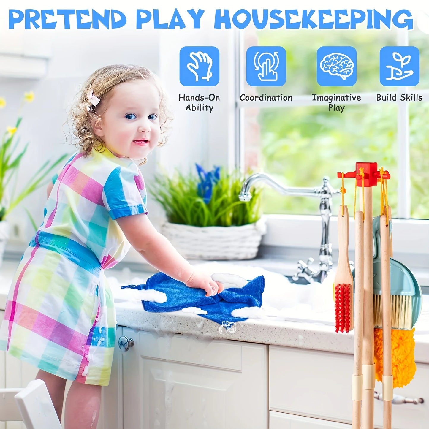 Wooden Kids Cleaning Set For Toddlers,8 Pieces Montessori Cleaning Toys With Kids Broom And Mop Set, Pretend Play Toy Gift