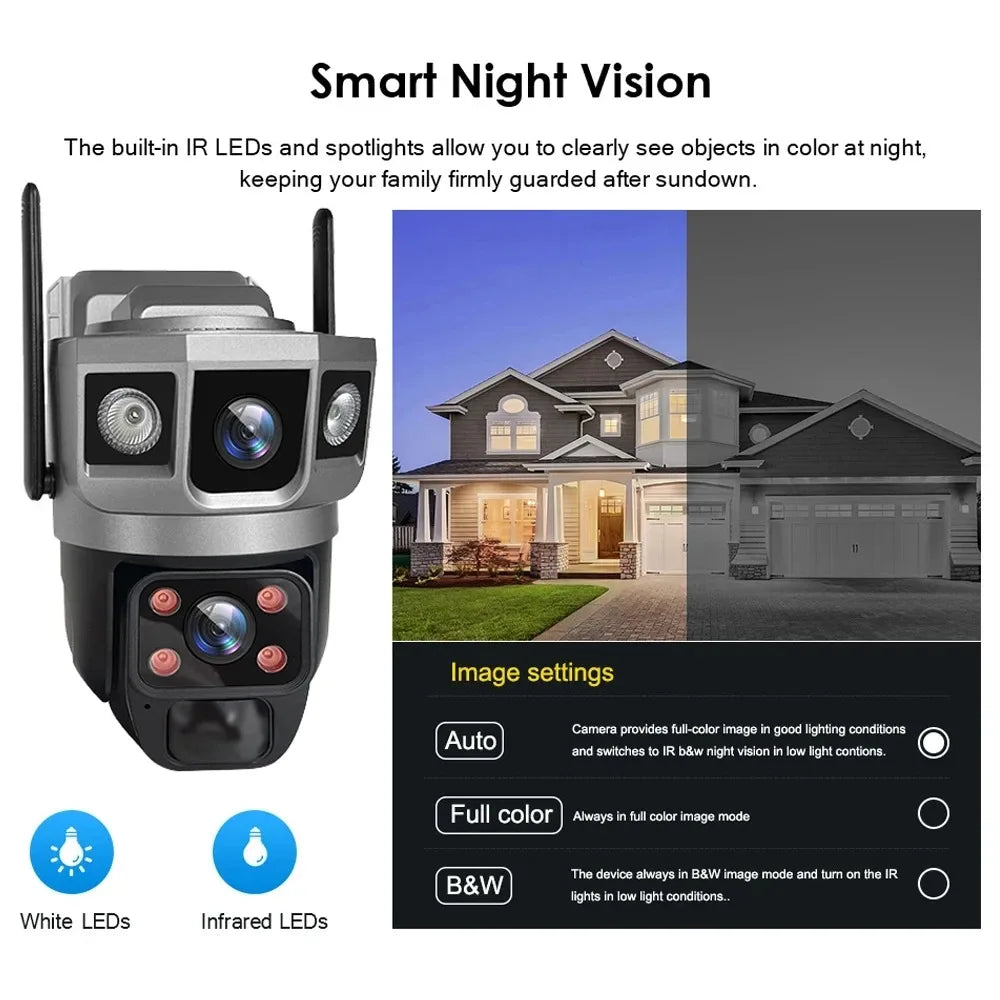 12MP Dual Lens Solar IP Camera Three Screen 4G 6K Camera 10X Zoom CCTV Outdoor PIR Night Vision Waterproof Home Surveillance Cam