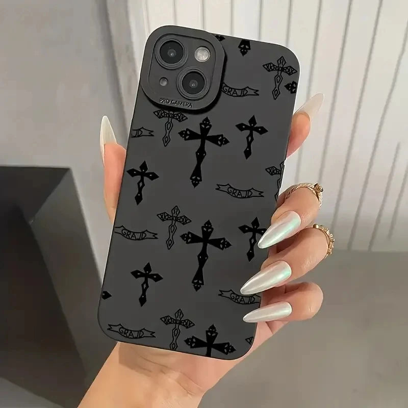 Phone Case For iPhone 16 15 14 11 12 13 Pro Max Mini 7 8 Plus X XR XS Max SE 2020 2022 Black Cross Print Shockproof Soft Cover