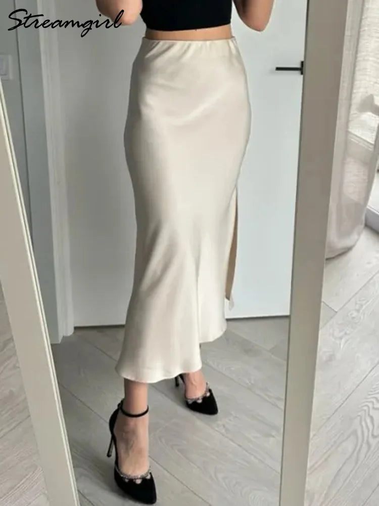 Women Summer Beige Long Skirts Trends 2024 High Waist Maxi Summer Skirt Rayon Silk Pencil Side Slit Satin Skirts For Women