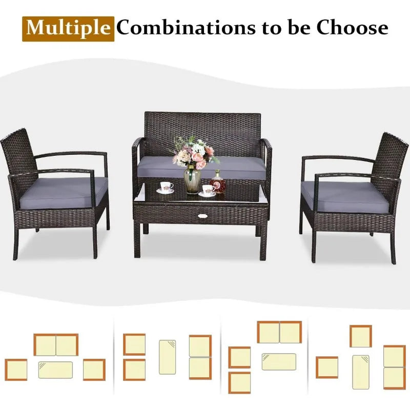 Moccha 4-Piece Patio Rattan Furniture Set, Outdoor Wicker Conversation w/ Padded Cushion & Coffee Table, Bistro Sofa Set