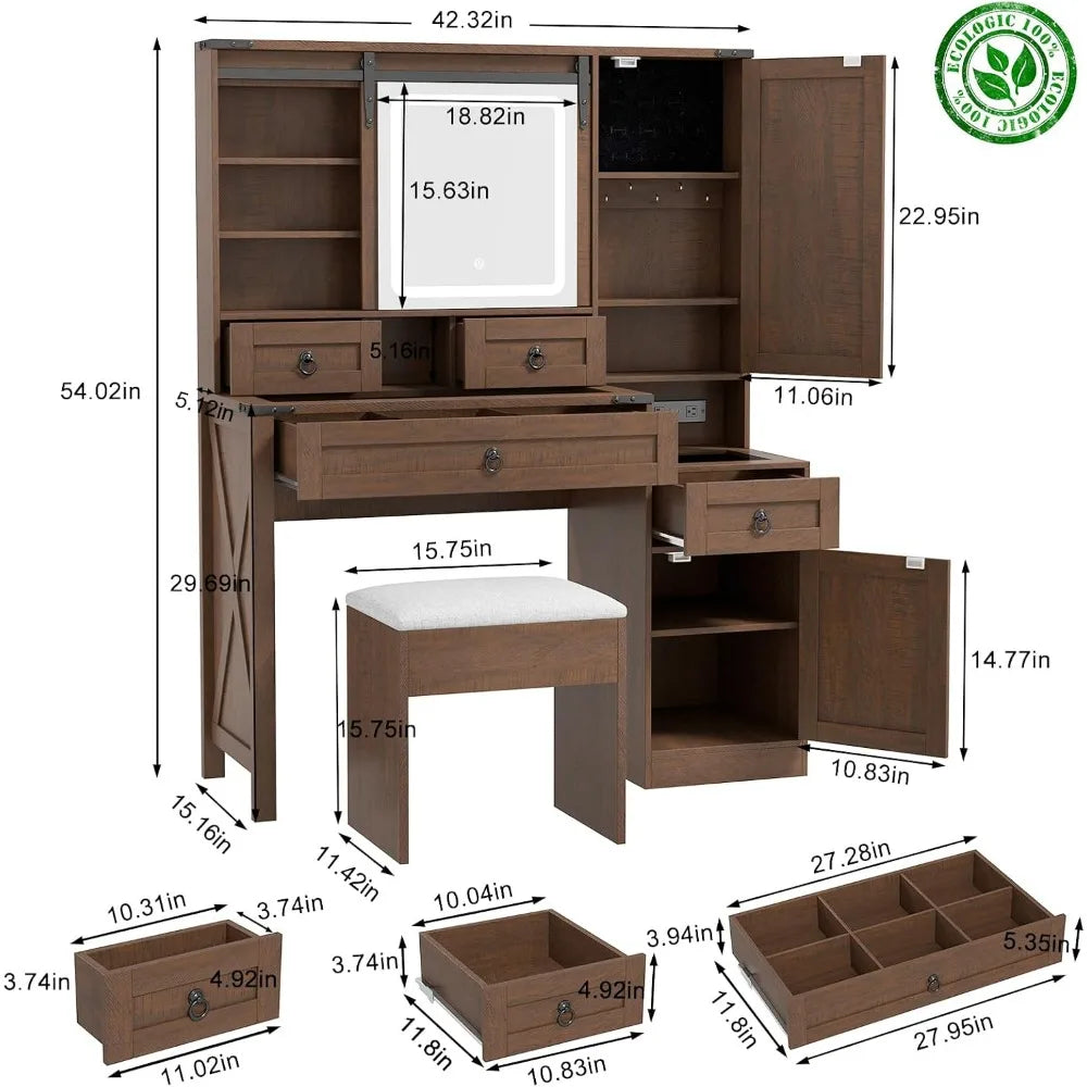 Vanity Set for Bedroom with Sliding Mirror and Lights, 42" Glass Top Vanity Table with Charging Station & 4 Drawers & 2 Cabinets