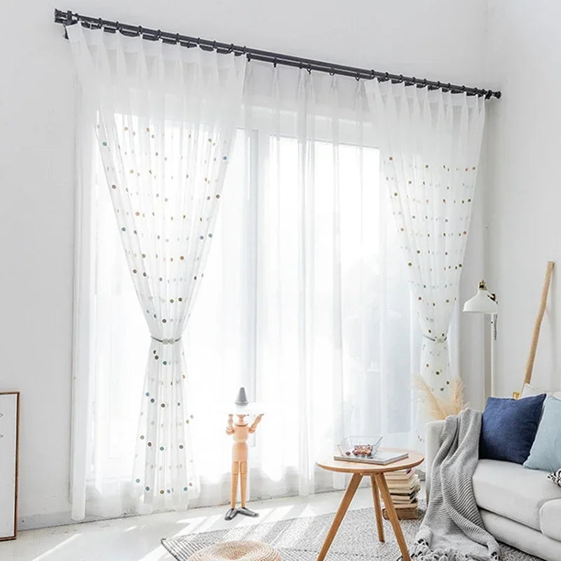 Colorful Dots Embroidered White Tulle Curtain for Kids Bedroom Living Room Modern Linen Sheer Voile Window Screen Panel ZH035H