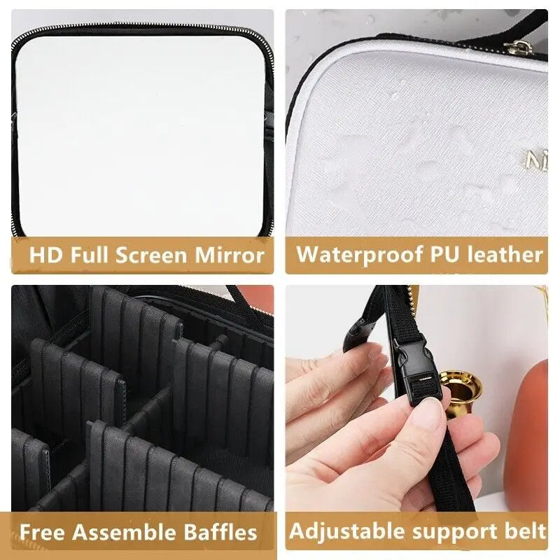 2024 New Smart Led Makeup Bag With Mirror Large Capacity Professional Waterproof Pu Leather Travel Cosmetic Case For Women