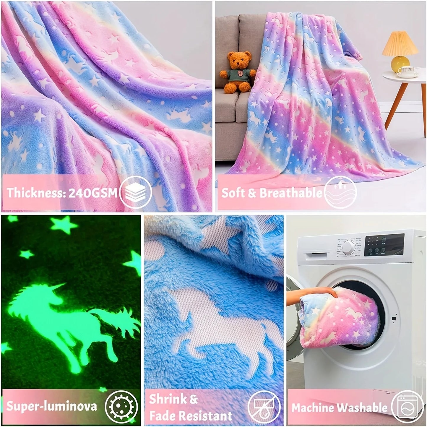 Glow In The Dark Rainbow Unicorn Blanket Cozy Soft Flannel Blanket For Sofa Bed Universal Bedding Blanket Birthday Gift For Kids