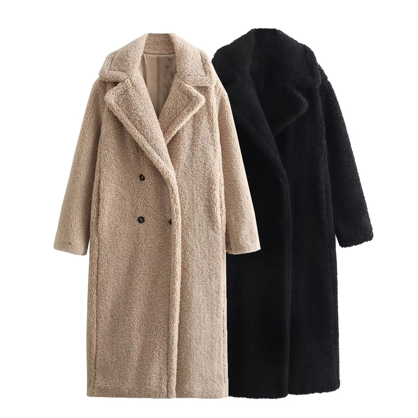 TRAFZA 2024 Winter Women Casual Solid Coat Double Breasted Fleece Coat Loose Fit Long Coat Women Vintage Oversized Long  Jacket