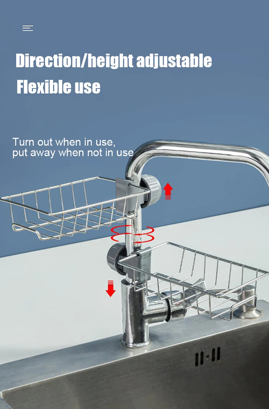 Hanging Faucet Rack Adjustable Height Flexible and Rotatable Kitchen  Sink Drain Holder Suitable for Soap, Sponges, Brushes