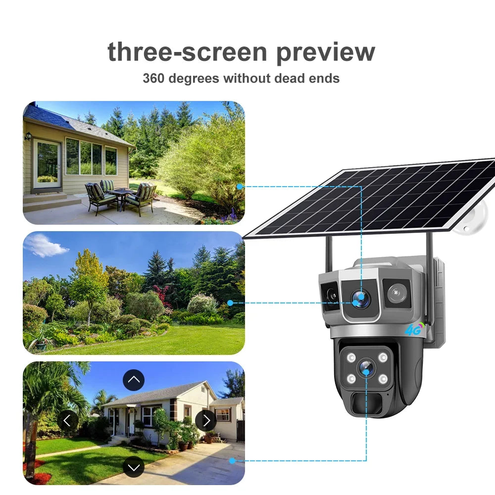 12MP Dual Lens Solar IP Camera Three Screen 4G 6K Camera 10X Zoom CCTV Outdoor PIR Night Vision Waterproof Home Surveillance Cam