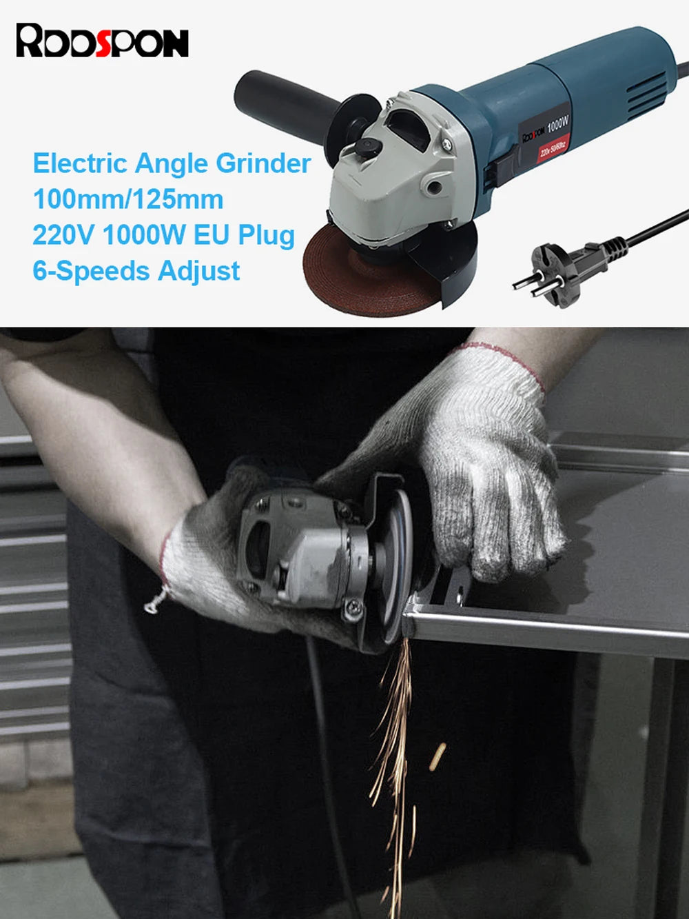 1000W Electric Angle Grinder 220V 100mm 125mm Corded Grinding Machine 6 Speeds Electric Grinding Cutting Polishing Power Tool