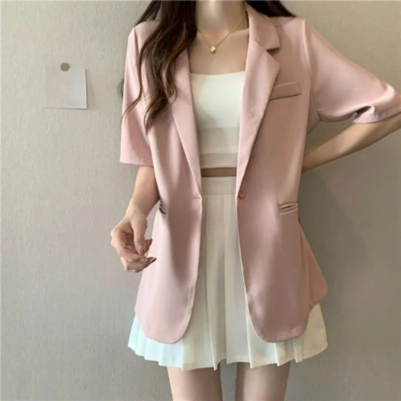 Thin Suit Jacket Women 2024 Summer Casual All Match Single Button Coat Woman Korean Style Loose Balck White Short Sleeve Jackets