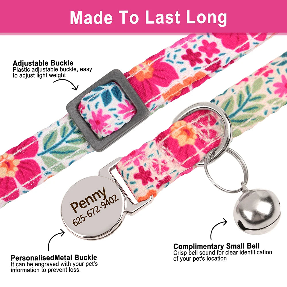 Personalized Cat Collar Quick Release Kitten Cats Collars Cute Print Nylon Pet Necklace With Bell Adjustable for Cats Puppy Pink