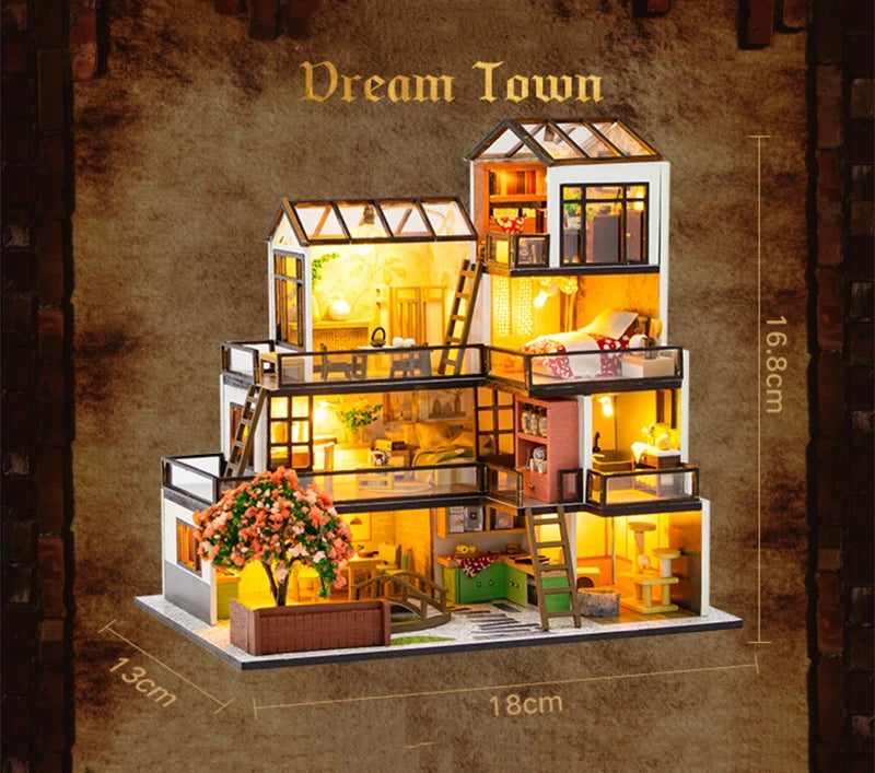 DIY Wooden Doll Houses Dream Town Casa Miniature Building Kit Villa Dollhouse with Furniture Led Lights for Girls Birthday Gifts