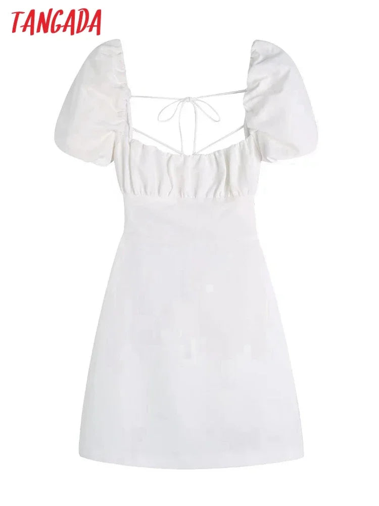 Tangada 2023 Summer Women White Cotton Dress Backless Puff Short Sleeve Ladies Sundress 3H204