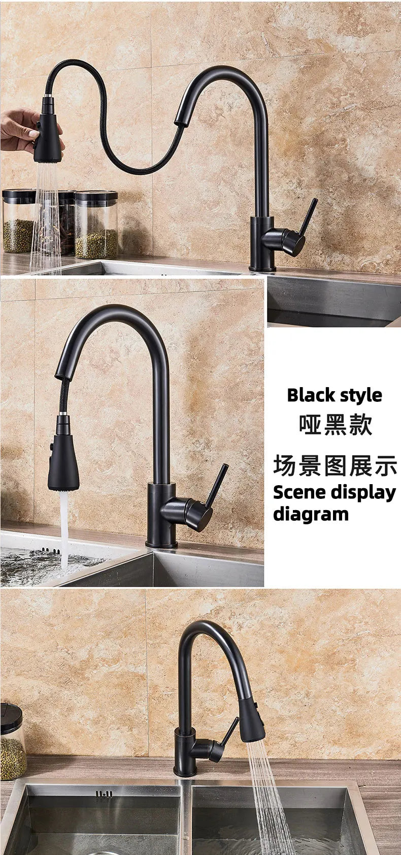 Tapware Removable hot sink Kitchen Flexible faucet with pull down sprayer mixer Black  korea type gourmet single lever stream