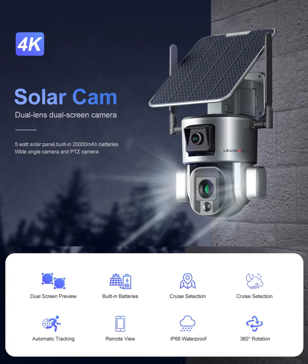 LS VISION 4K 8MP Dual Lens Solar Camera Outdoor 4G/WiFi Dual Screens 4X 10X Optical Zoom Humanoid Tracking PTZ Security Cameras