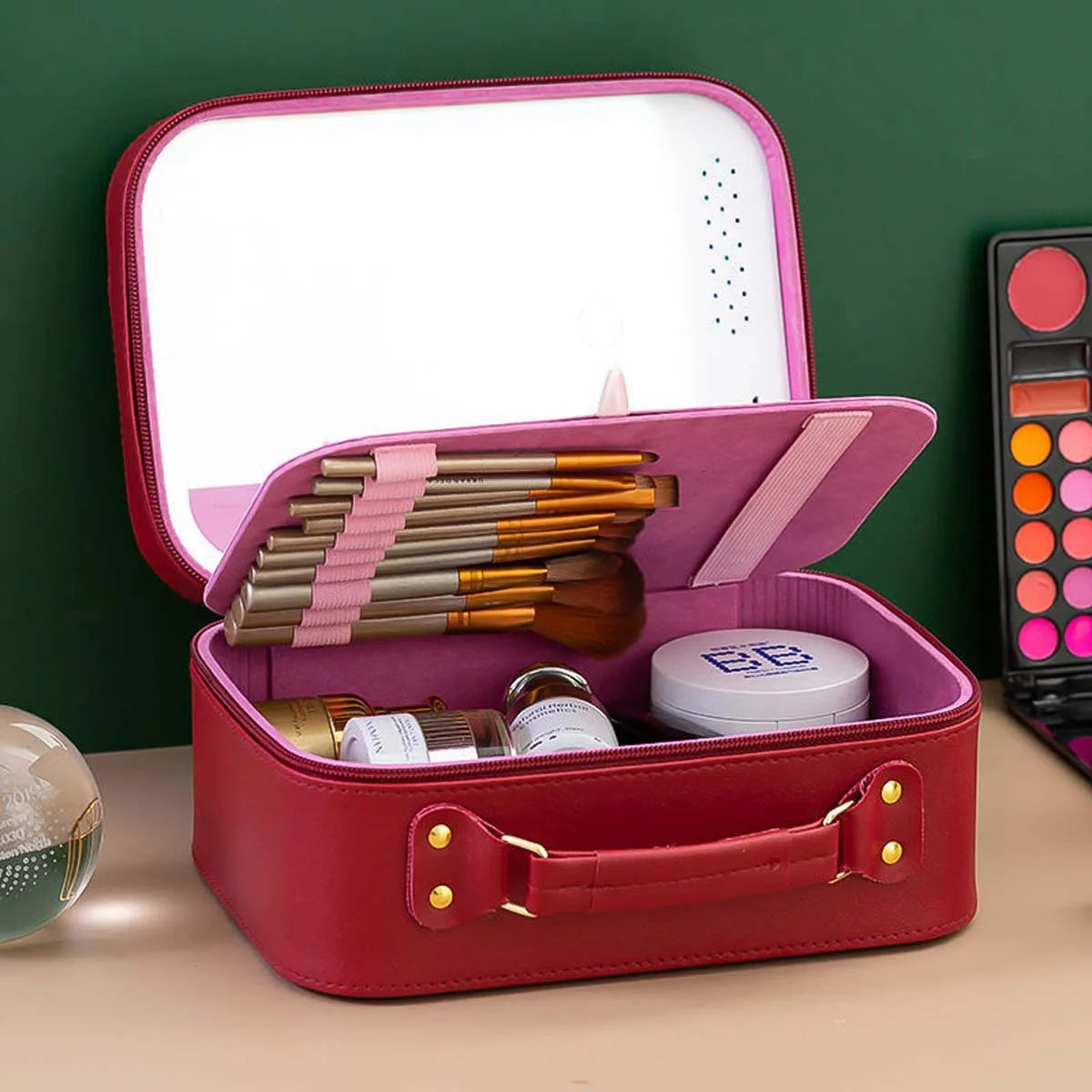 LED makeup bag with mirror large capacity cosmetics portable makeup professional with makeup box storage bag wholesale