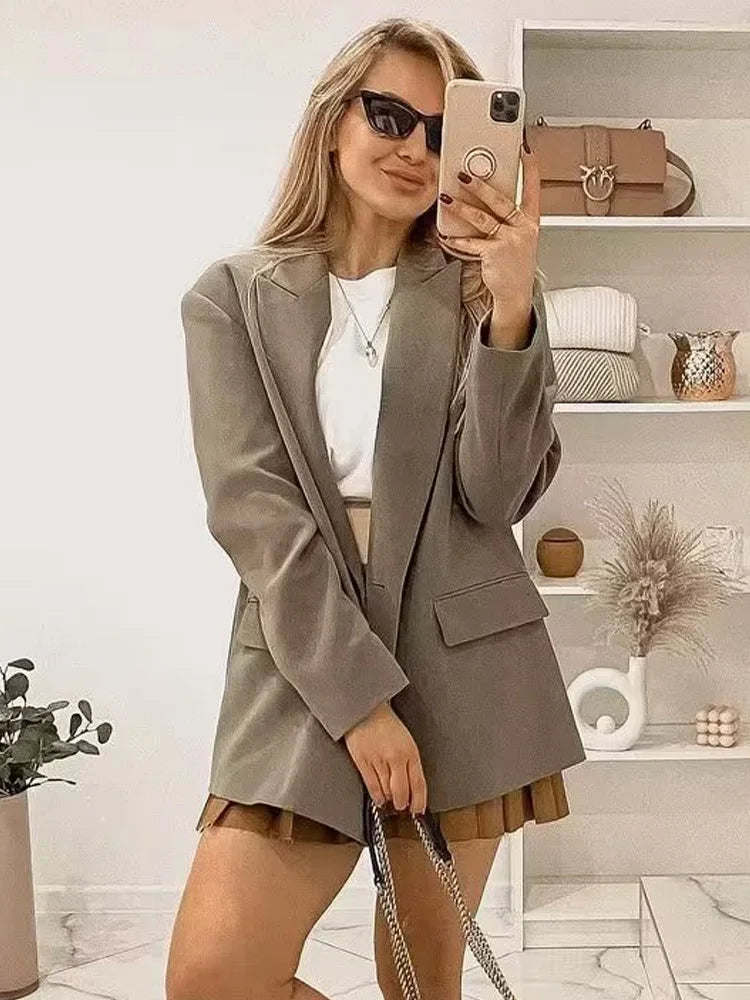 TRAF 2024 Long Blazer Women Masculine Office Blazer Woman Double Breasted Jacket Women Spring Long Sleeve Blazers for Women Coat