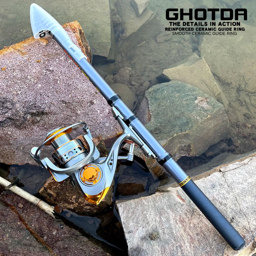 GHOTDA Carbon Fiber Short Telescopic Rock Fishing Rod and Spinning Fishing Reel Combo Full Kit Fishing Tackle Fishing Gear Set