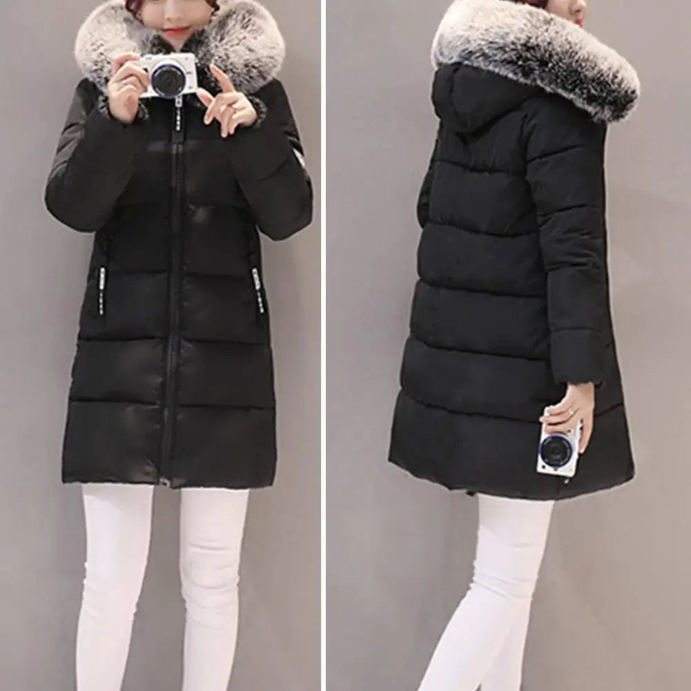 Women Winter Cotton Coat Hooded Mid Length Outerwear Windproof Warm Long Sleeve Jacket Solid Color Slim Fit Lady Down Coat