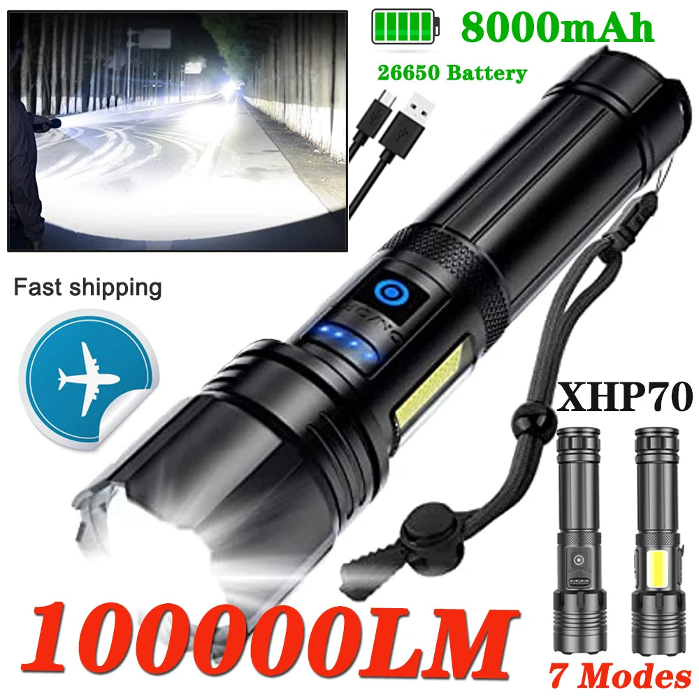 Rechargeable Super Bright Flashlight 7Modes High Lumens Tactical Flashlight Zoomable LED torch With COB Side Light and Display