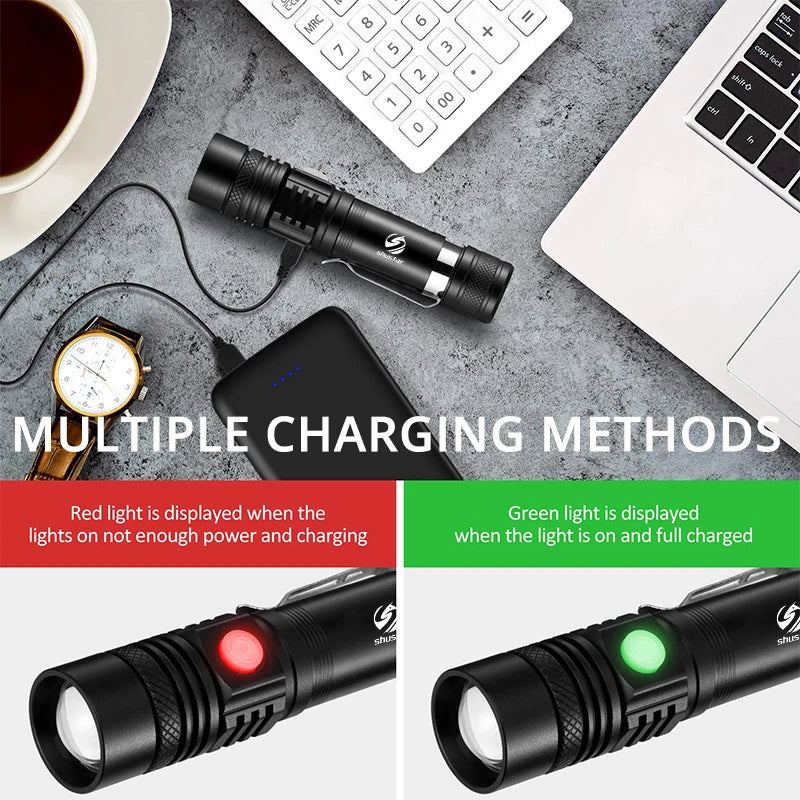 High Power Led Flashlights Zoomable Camping Torch With T6 LED Lamp Beads Waterproof 4 Lighting Modes Multi Function USB Charger