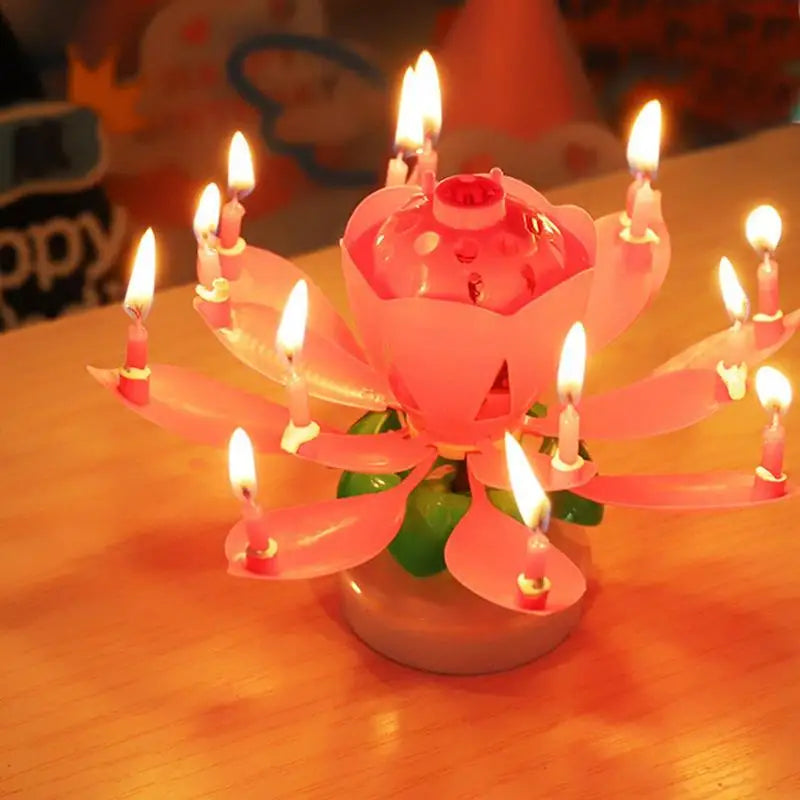 Innovative Party Cake Candles Musical Rotating Lotus Flower Flat Bottom Rotating Electronic Candle Birthday Cake Music Candles