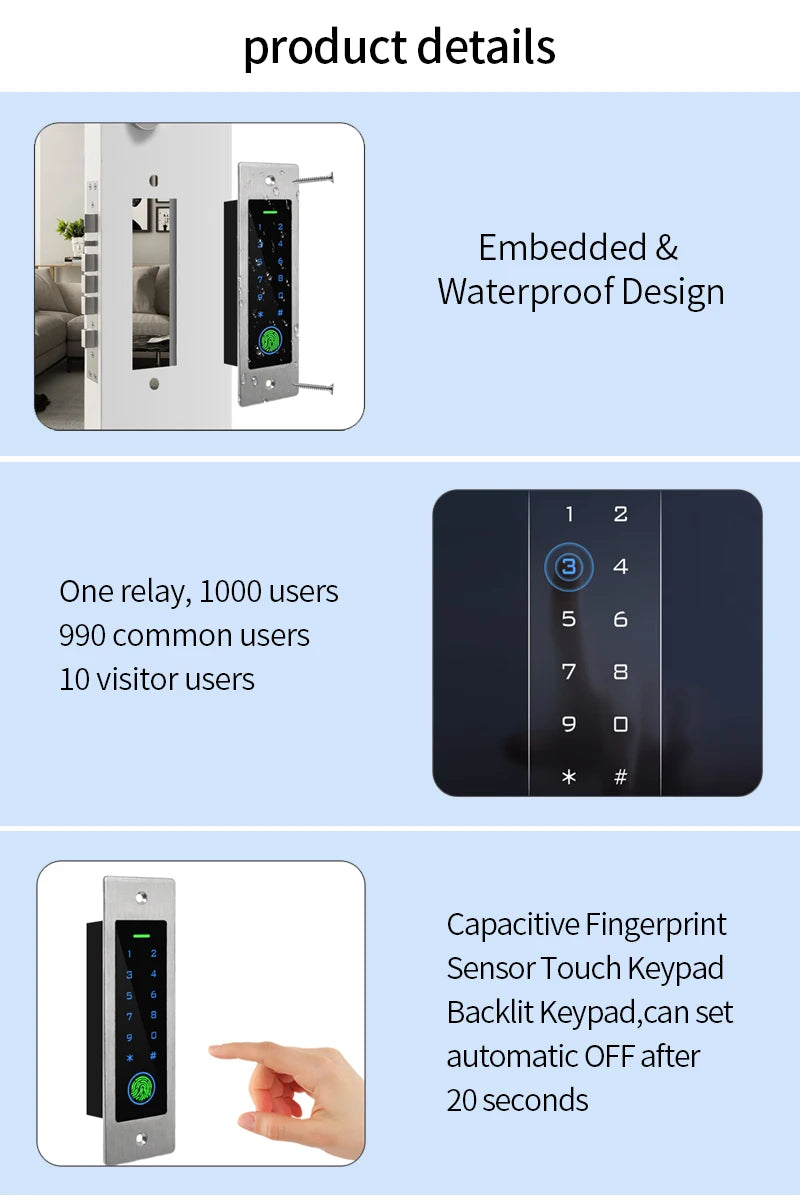 Tuya Access Control Keypad BLE Standalone Fingerprint Metal Waterproof Backlight Wall Embedded Door Opener RFID Reader+M165 box