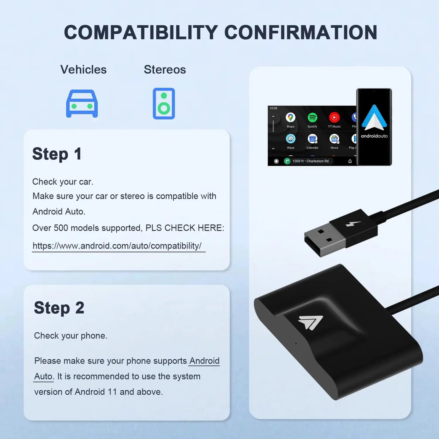 Wireless Android Auto Adapter for OEM Wired AA Cars Android Auto Dongle for Android Phone Convert Wired to Wireless 5Ghz WiFi