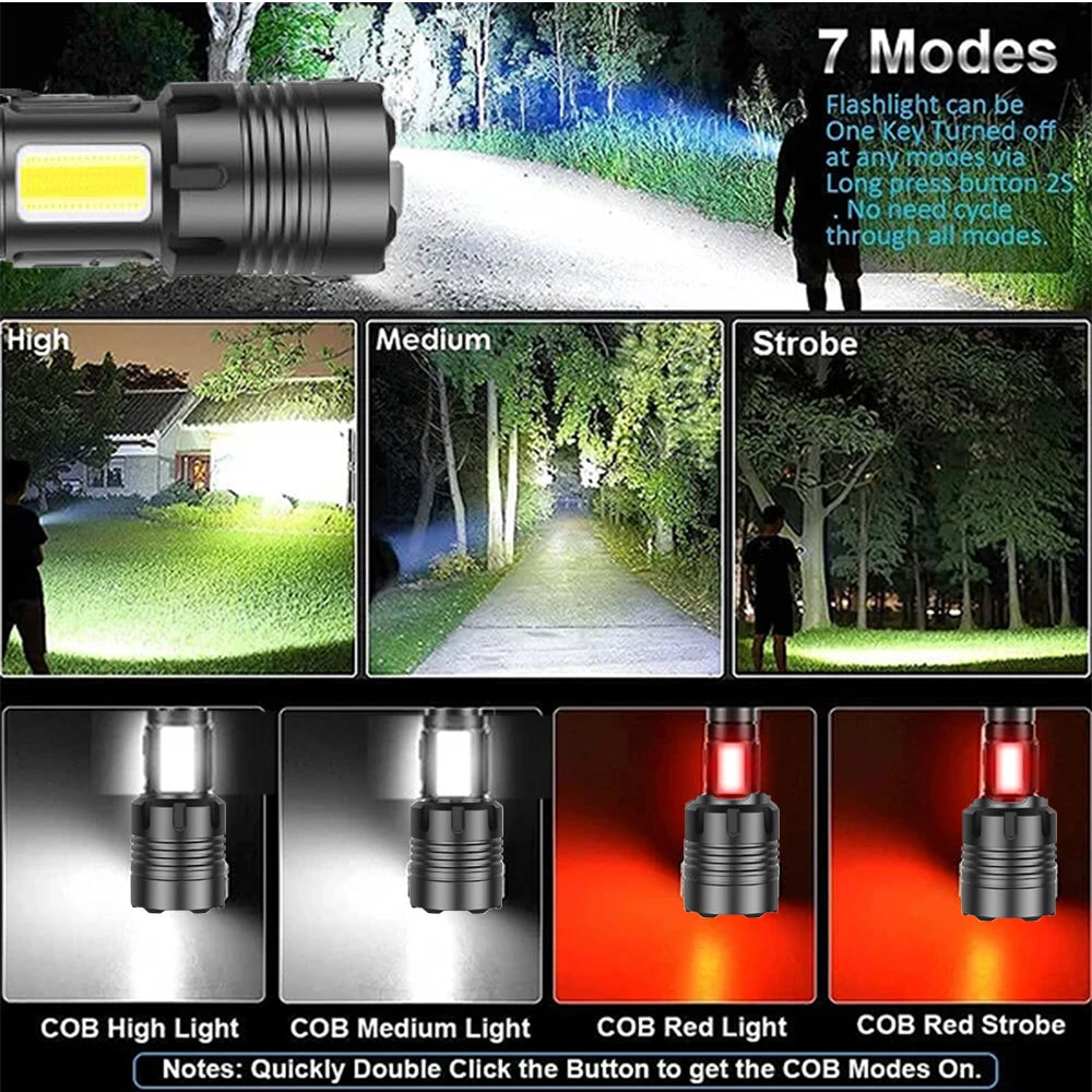 Rechargeable Super Bright Flashlight 7Modes High Lumens Tactical Flashlight Zoomable LED torch With COB Side Light and Display