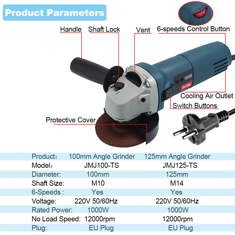 1000W Electric Angle Grinder 220V 100mm 125mm Corded Grinding Machine 6 Speeds Electric Grinding Cutting Polishing Power Tool