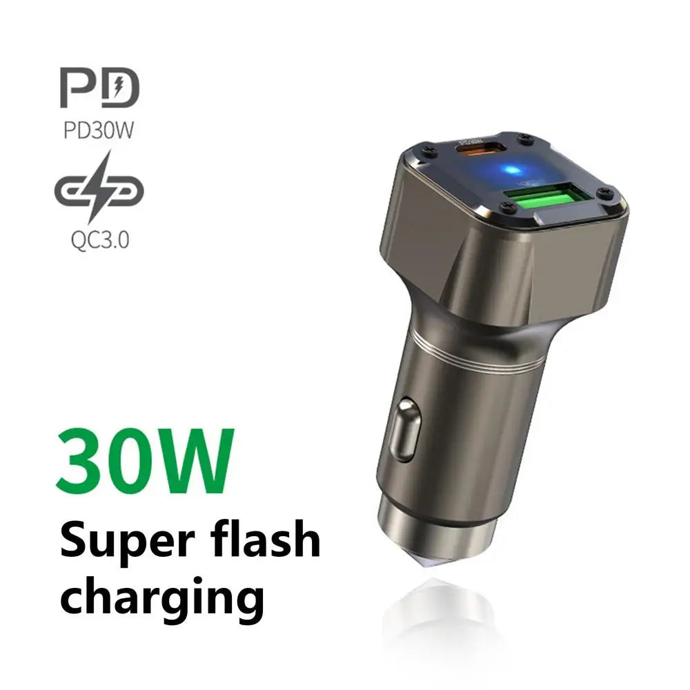 Car USB Charger Multi Port Fast Car Charger 30W Car Adapter With Safety Hammer Design Type C Car Charger Fast Charging USB Car