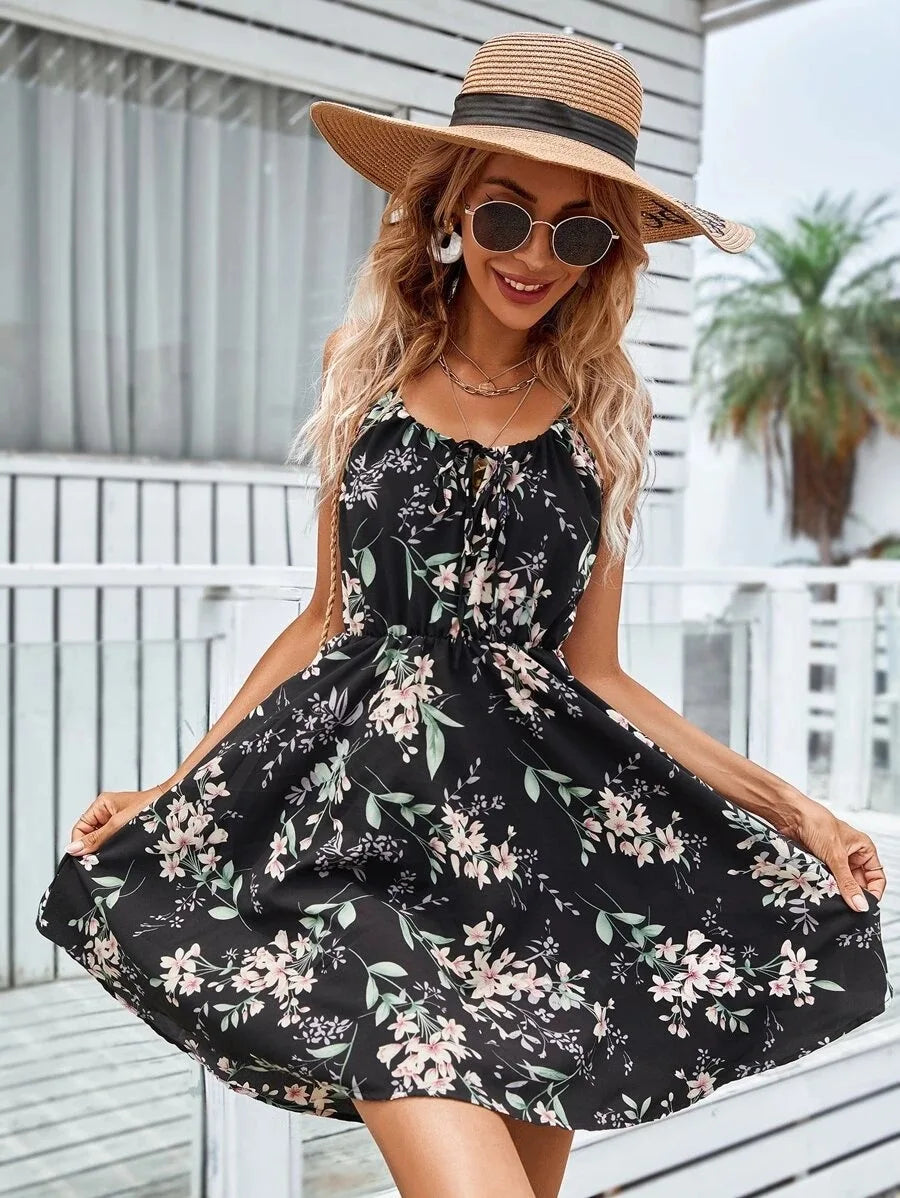 Sexy Floral Print Short Dress Women Summer Fashion Black Backless Beach Sundress Casual Sleeveless Lace-up New In Dresses 2024