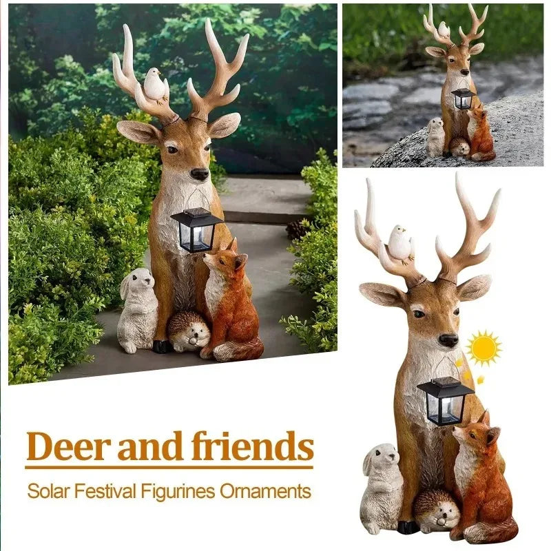 Garden Statues Solar Resin Deer Rabbit Hedgehog Wolf Figurine Yard Sculptures Christmas Ornaments Jardin Exterior Accessories