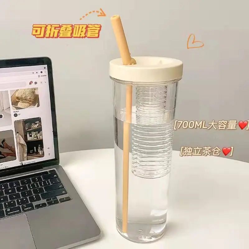 Cute Water Bottle With Foldable Straw 700ML Water Bottle Fruit Tea Built-in Filter Cup Portable Office Drinkware Outdoor Shaker