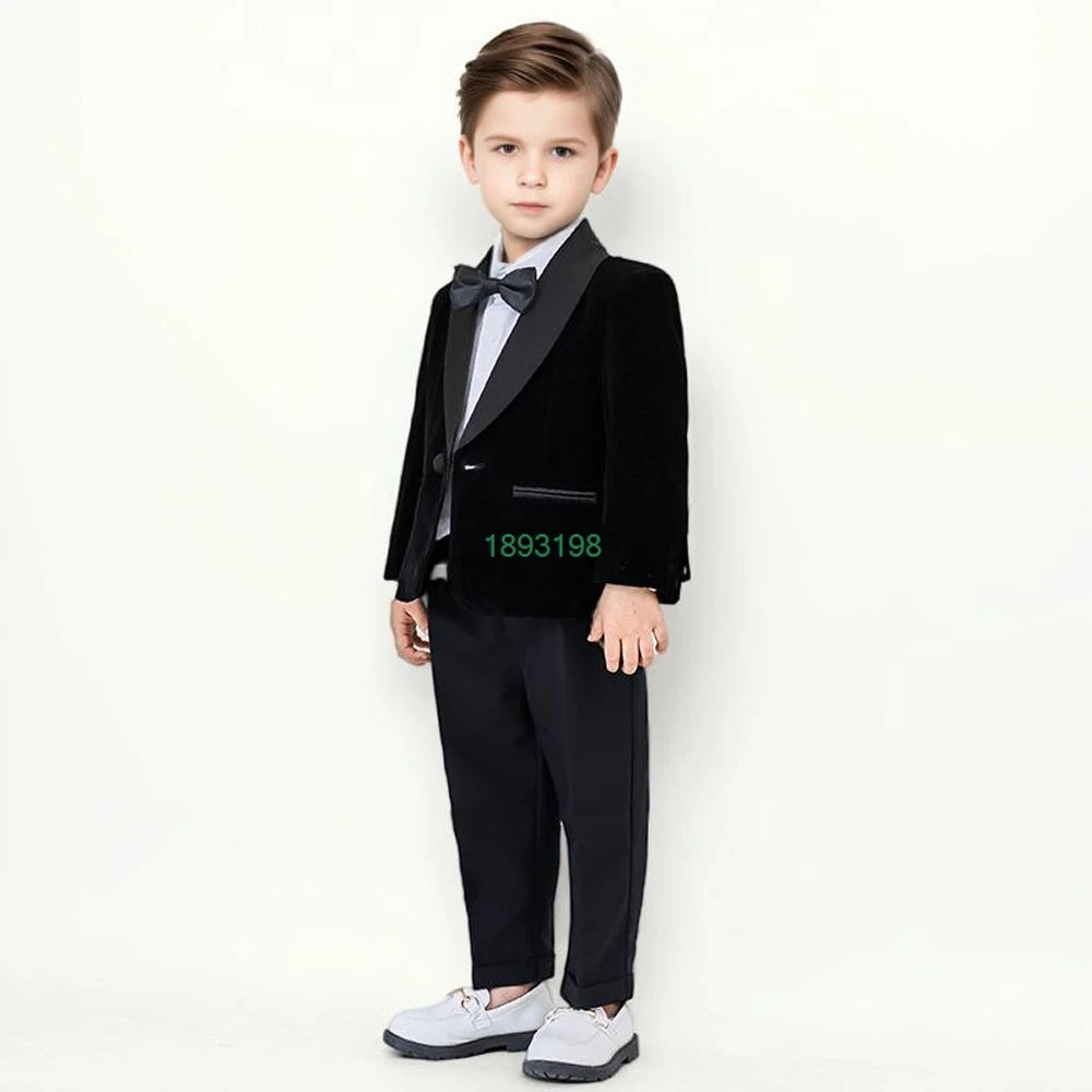 Boys Formal Velvet Suit Set Child Birthday Dress Wedding Party Photography Piano Recital Costume Kids Blazer Pants Bowtie Outfit