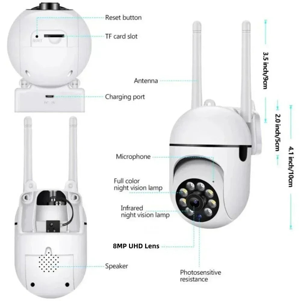 8MP Wifi Wireless Security Monitor Cameras Color Night Vision PTZ Cam Smart Home CCTV HD Surveillance Camera AI Human Tracking