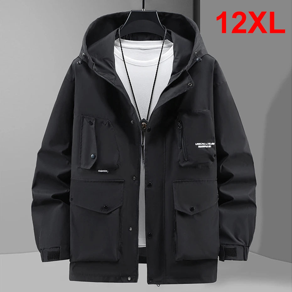 Waterproof Windbreak Cargo Jacket Men Hooded Coat Plus Size 12XL Fashion Casual Solid Color Jackets Big Size 12XL Coats Male