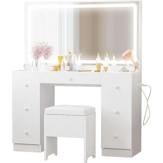 Vanity Desk Set with LED Lighted Mirror & Power Outlet, 7 Drawers Makeup Vanities Dressing Table with Stool, for Bedroom