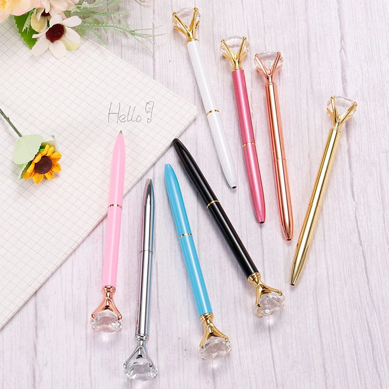 6Pcs Black Ink Diamond Pens Metallic Gold Large Crystal Rhinestones Ballpoint Pens Cute Stationary Writing Utensils