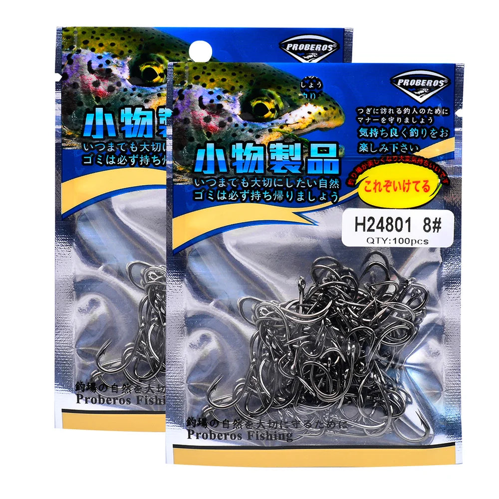 PROBEROS 100Pcs/lot High Carbon Steel Black Lure Hook 1/2/4/8 Size With Barbs Fishhook Fishing Gear Wholesale