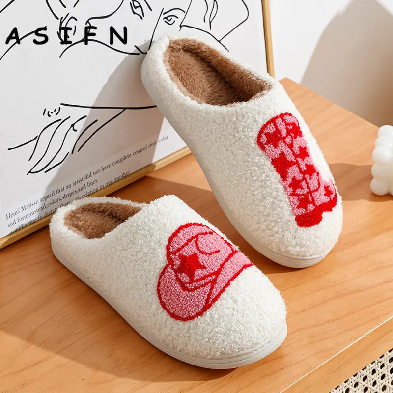 ASIFN Cute Boot Women's Slippers Cowgirl Hat Fluffy Cushion Slides Comfortable Cozy Comfy Smile Houseshoes Laides Winter Shoes