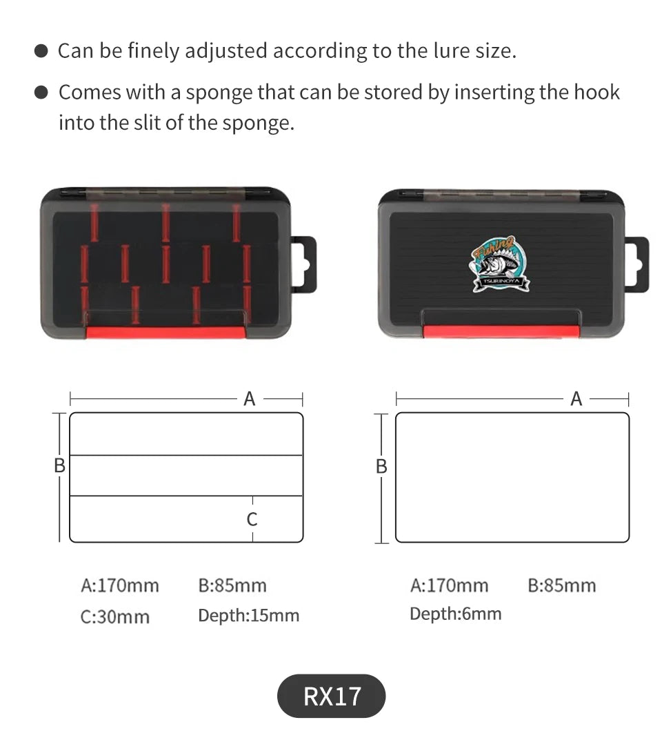 TSURINOYA Double Layer Soft Lure and Hooks Box RX17 Compartment Double Sided Hard Bait Boxes Fishing Tackle Storage Case