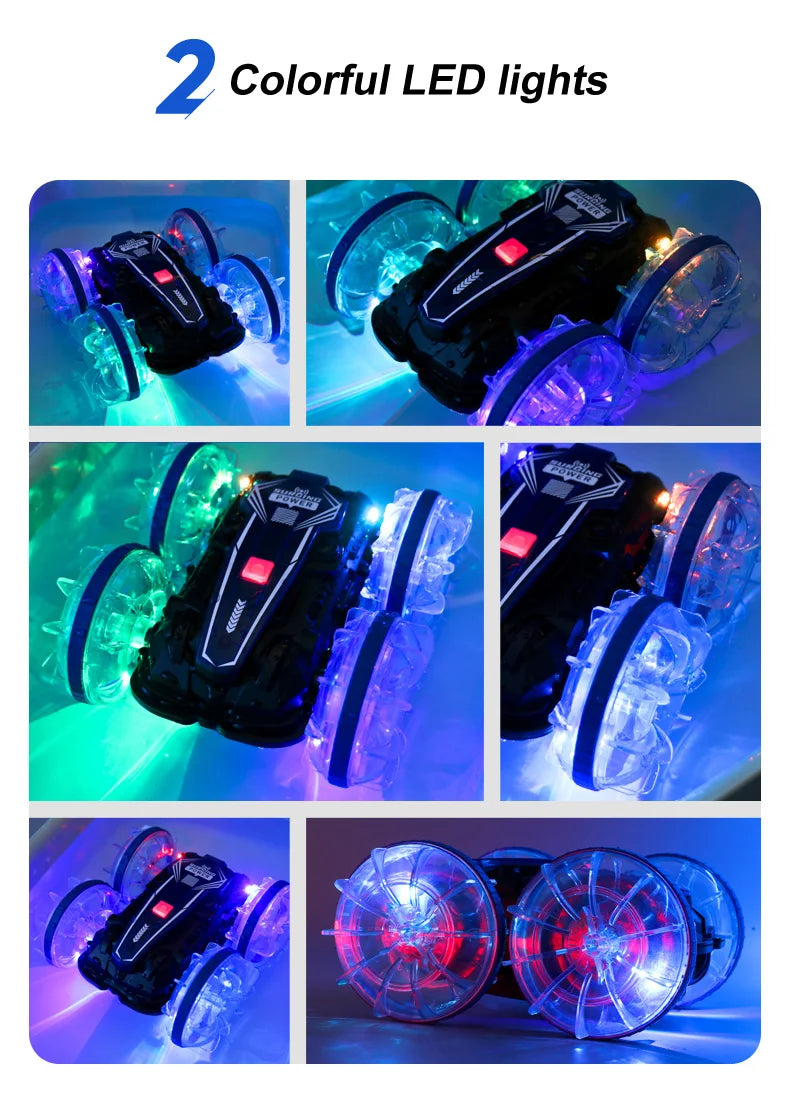 New LED Amphibious RC car Dual remote control waterproof stunt car double side flip drift drive 360 ° rotation rc cars Kids toy