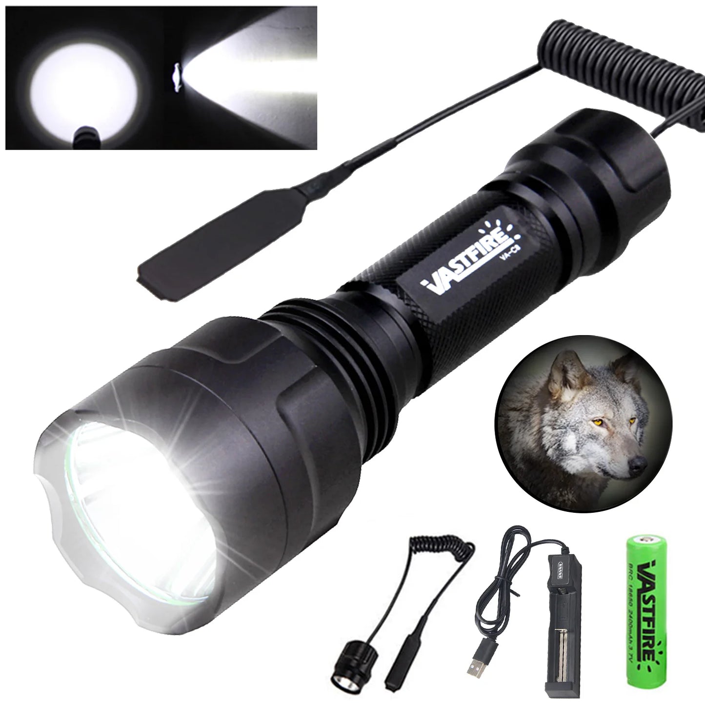 C8 Professional Tactical Flashlight Green/Red/White LED Hunting Torch 1-Mode Torch+18650+Charger+Remote Switch+Rifle Scope Mount